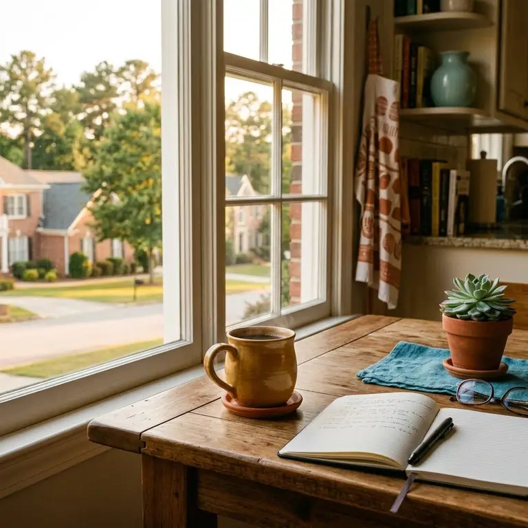 A kitchen table with coffee and a notebook beside a window onto a Georgia street
