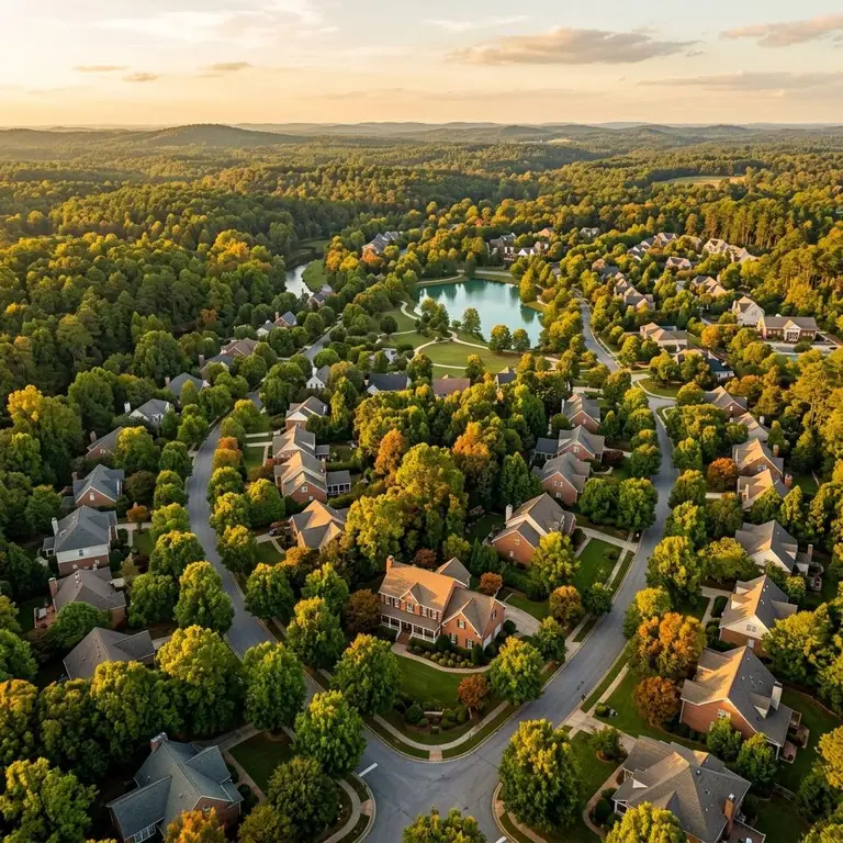 Aerial view of a leafy north Georgia suburb at golden hour