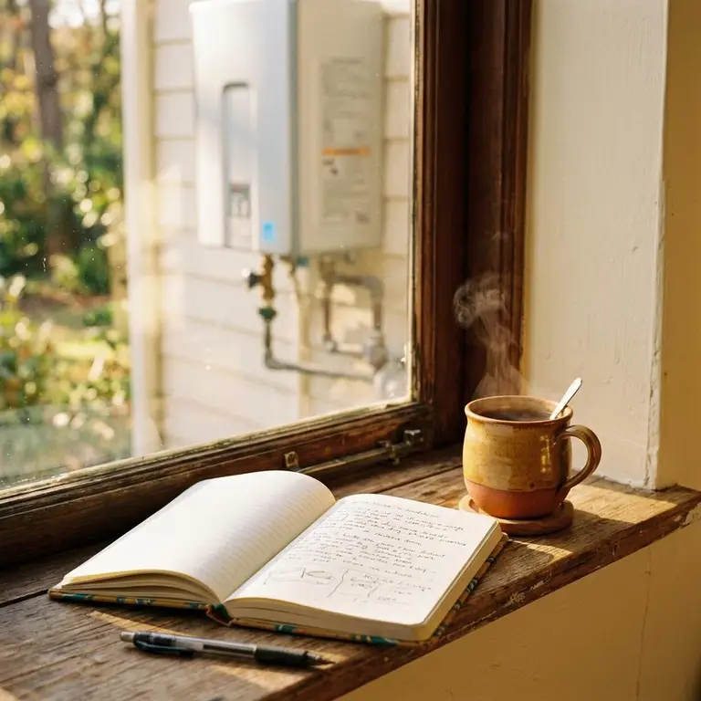 An open notebook and steaming mug on a sunny windowsill
