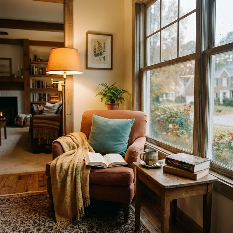 A cozy reading nook with a lamp and a cup of tea beside a rainy window