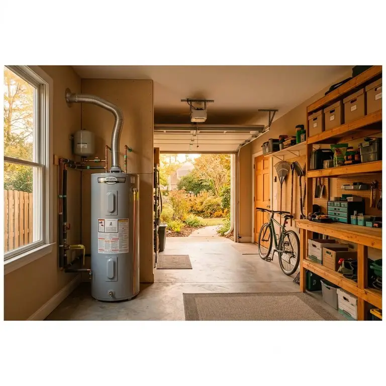 A tidy garage with a new water heater and neat copper piping