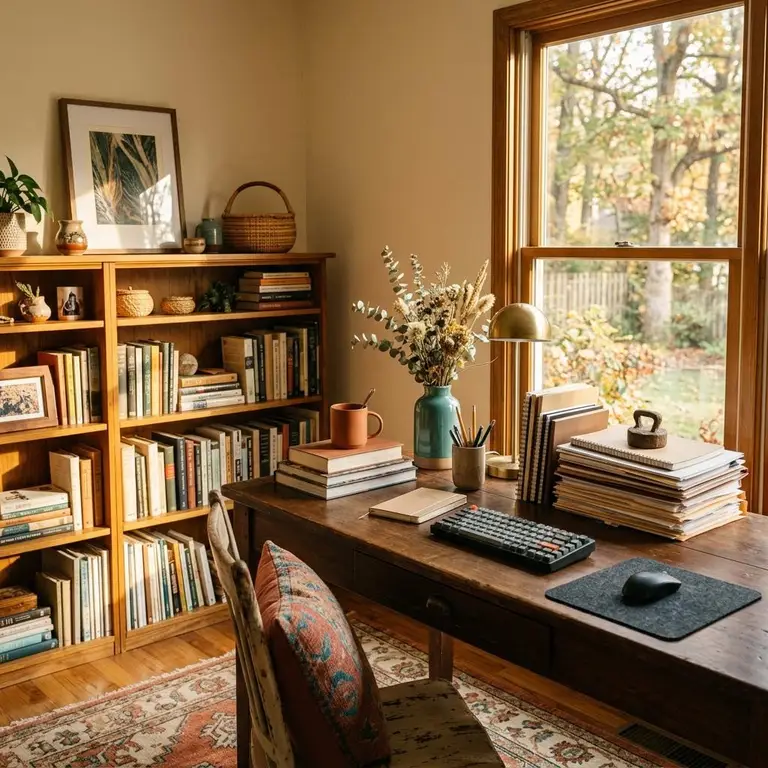 A desk with neatly stacked papers and a bookshelf in afternoon light