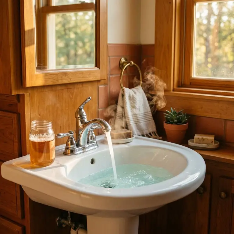 Warm water running from a bathroom faucet with steam in sunlight