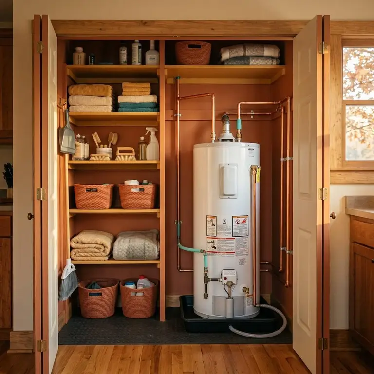 A neat utility closet with a new water heater and drain pan