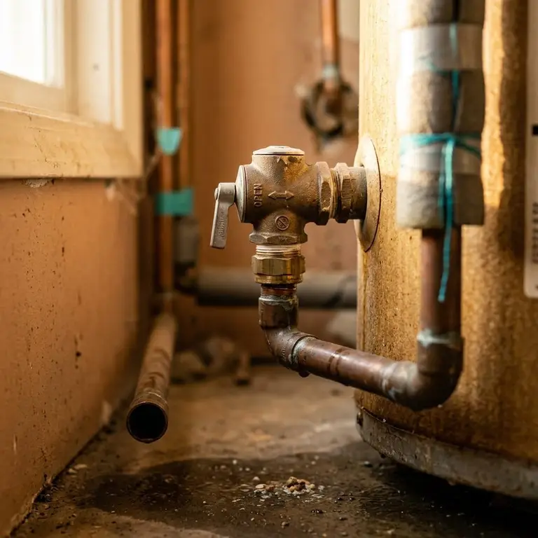 Close view of a temperature and pressure relief valve with its discharge pipe
