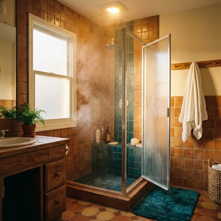 Steam rising from a warm shower in a cozy tiled bathroom