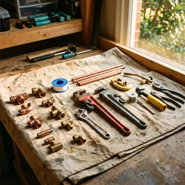 Plumbing tools and fittings laid out on a canvas drop cloth