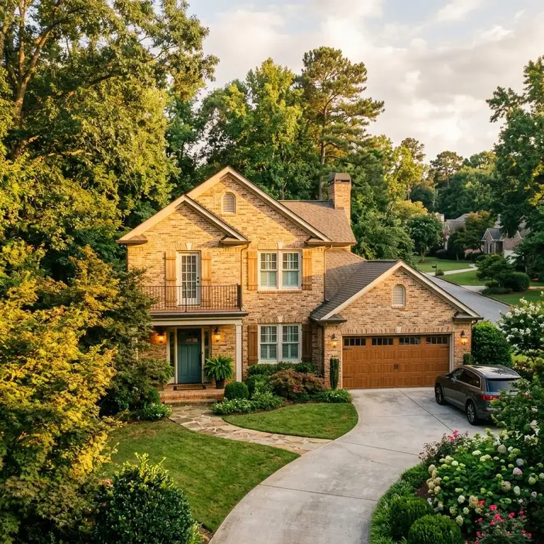 A brick home on a leafy Georgia street at golden hour
