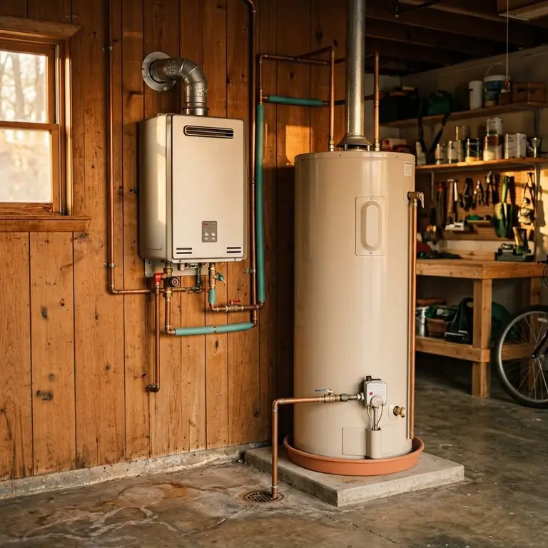 A wall mounted tankless unit beside a standard tank heater in a garage