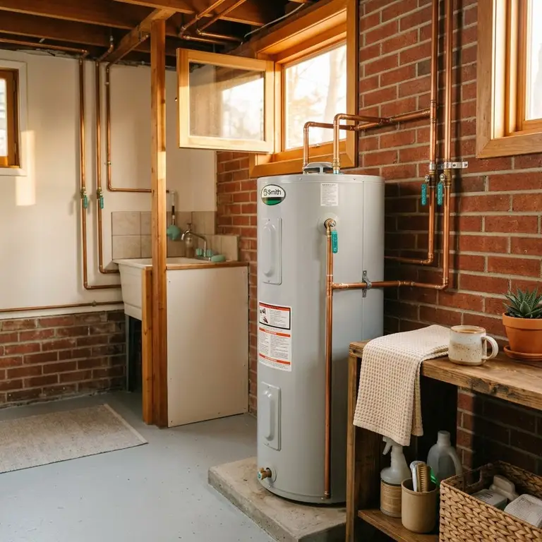 A clean tank water heater in a sunlit utility room of a Snellville area home