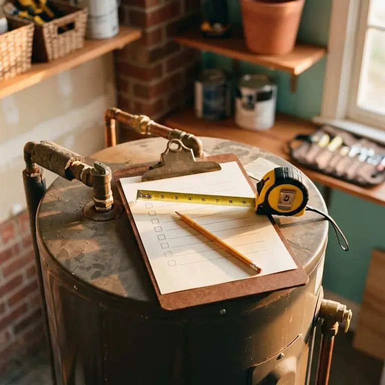 A clipboard, tape measure and pencil resting on top of a water heater