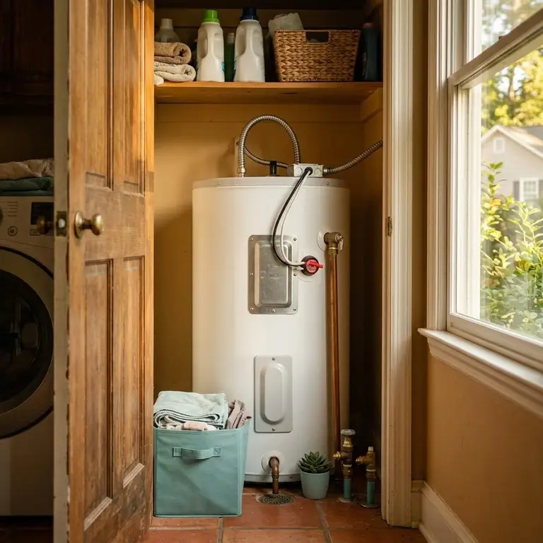 Electric tank water heater in a laundry closet with access panel and wiring conduit