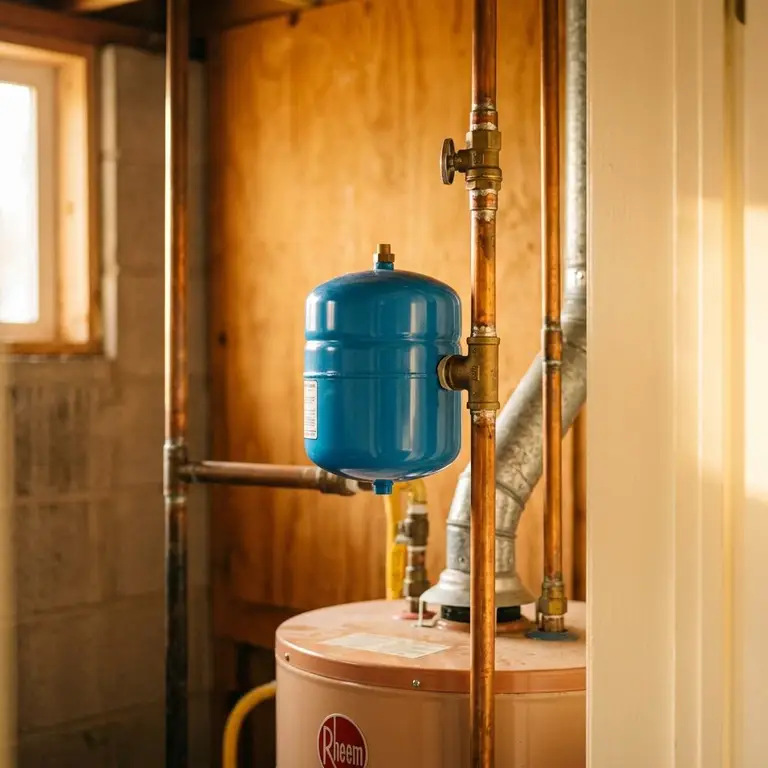 A small thermal expansion tank mounted on the cold water line above a water heater