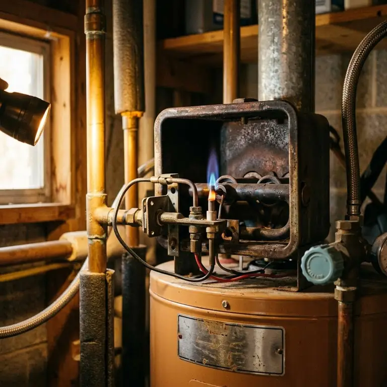 Close view of a gas water heater burner chamber with a small blue flame