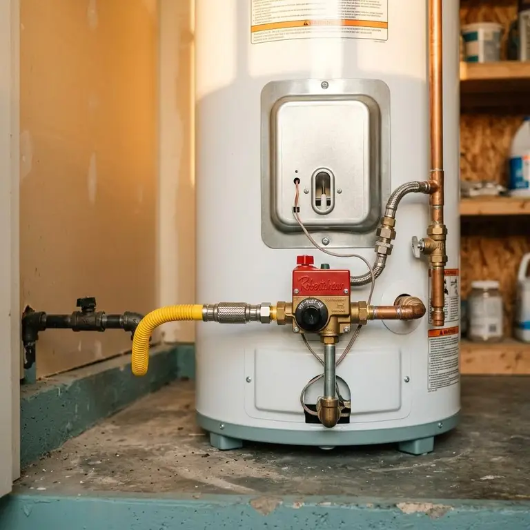 Base of a new gas water heater with gas valve, burner panel and yellow gas line