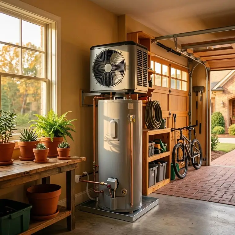 A heat pump hybrid water heater with a fan unit on top in a spacious garage