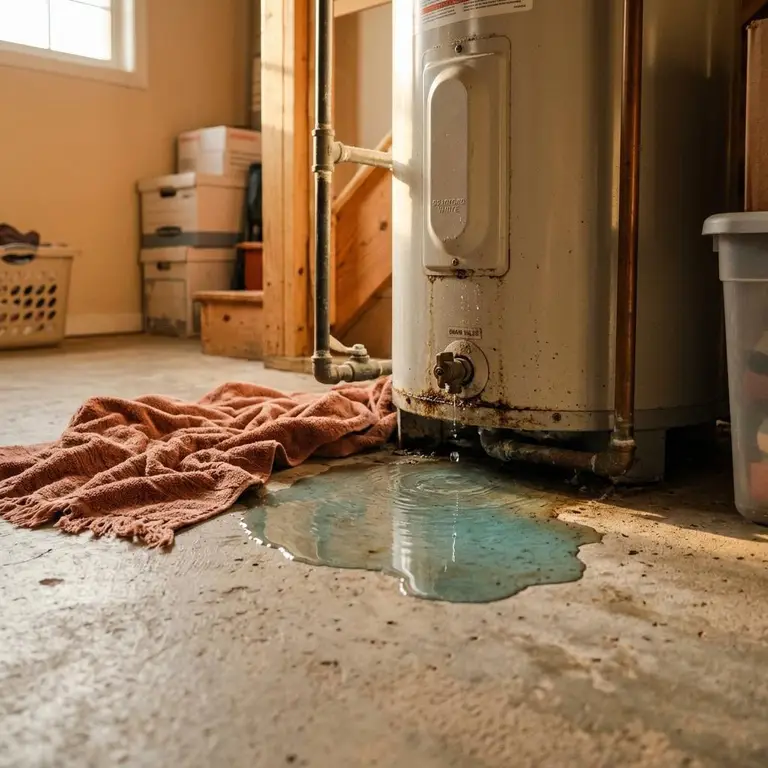 A puddle of water spreading on a concrete floor beneath a leaking water heater