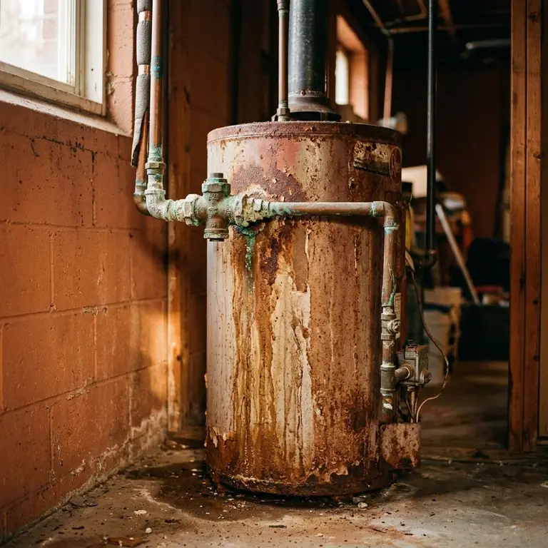An aging water heater with rust stains and a corroded fitting in a dim corner