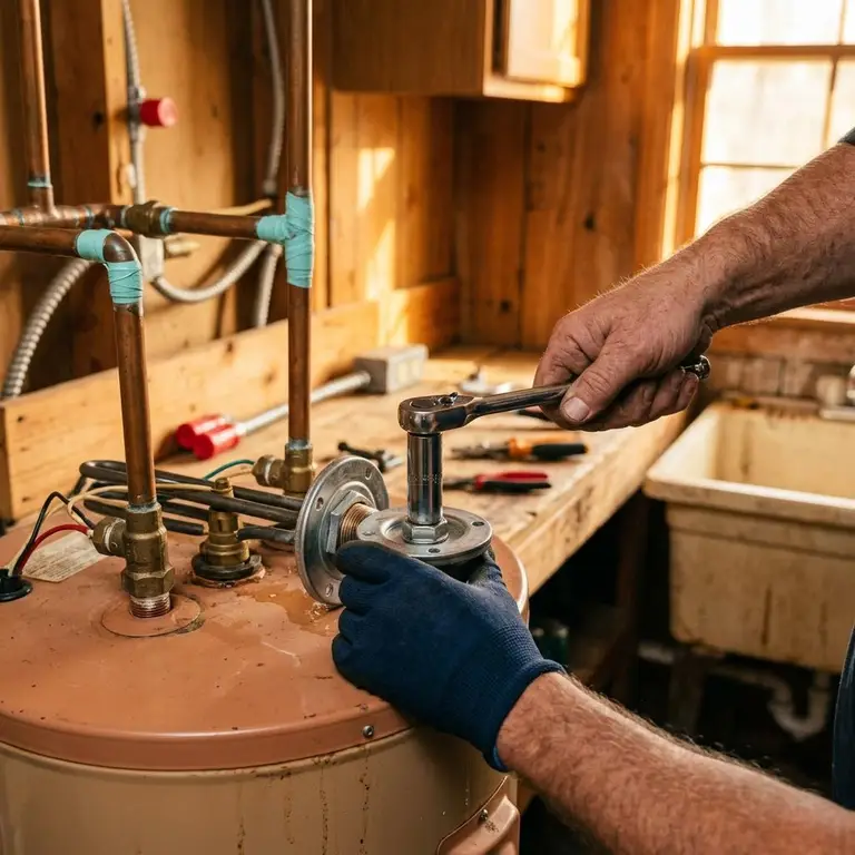 Hands replacing a heating element on an electric water heater in a Snellville home