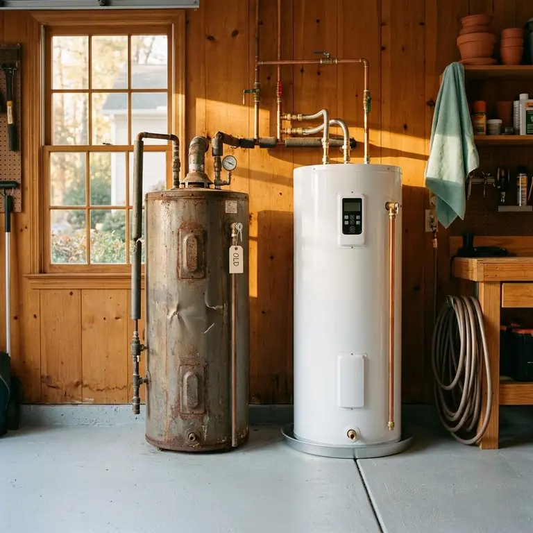 An old water heater standing beside a new replacement unit in a clean garage