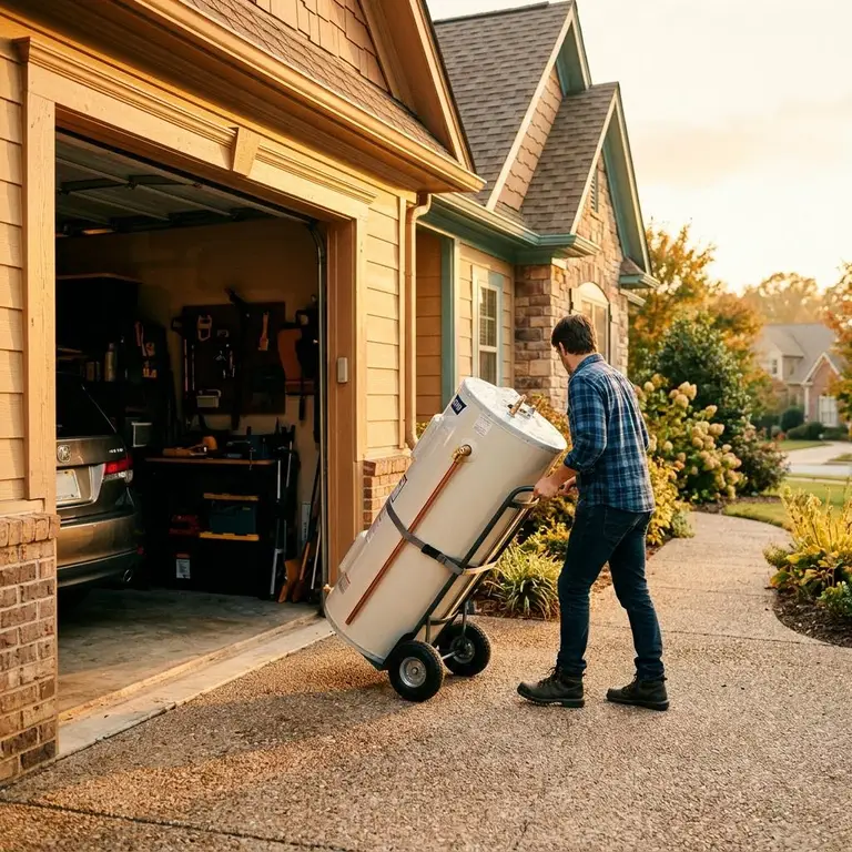 A new water heater on a hand truck being wheeled into a sunny Georgia garage
