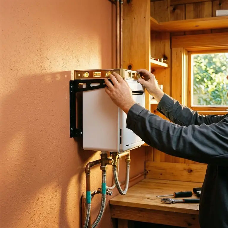 Hands mounting a new tankless water heater on a wall bracket with a level