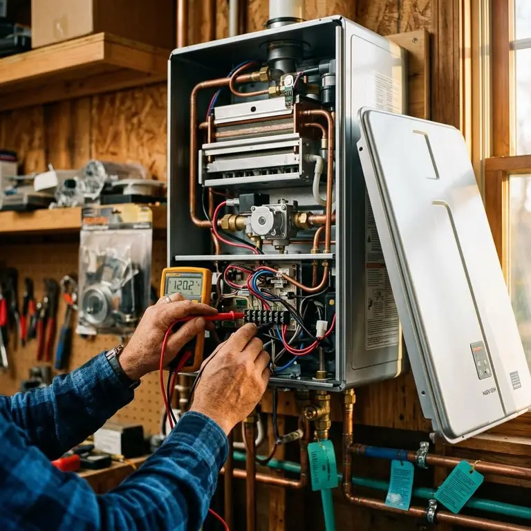 Open tankless water heater cabinet showing internal parts and a multimeter in hand