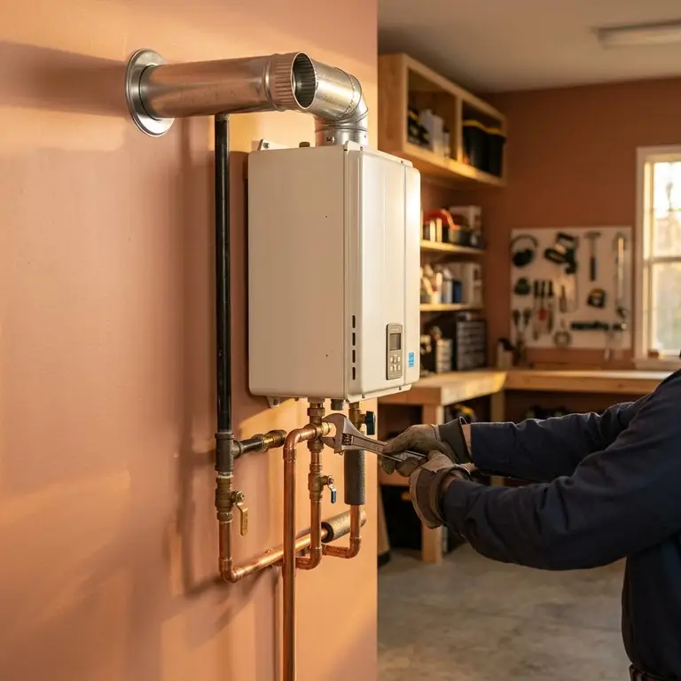Wall mounted tankless water heater with copper piping and a technician holding a wrench